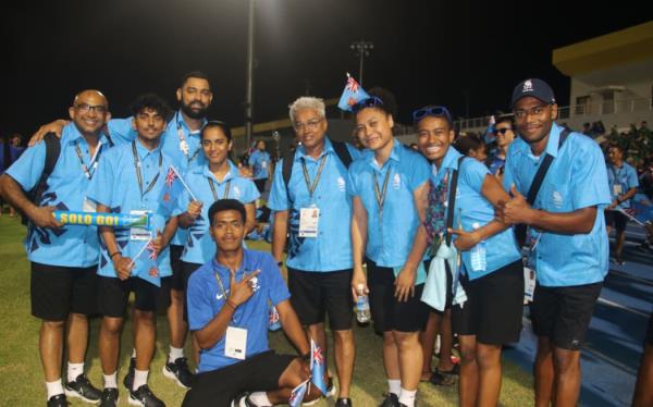 Athletes and officals of Team Fiji at the closing ceremony of the 2023 Pacific Games in Honiara.